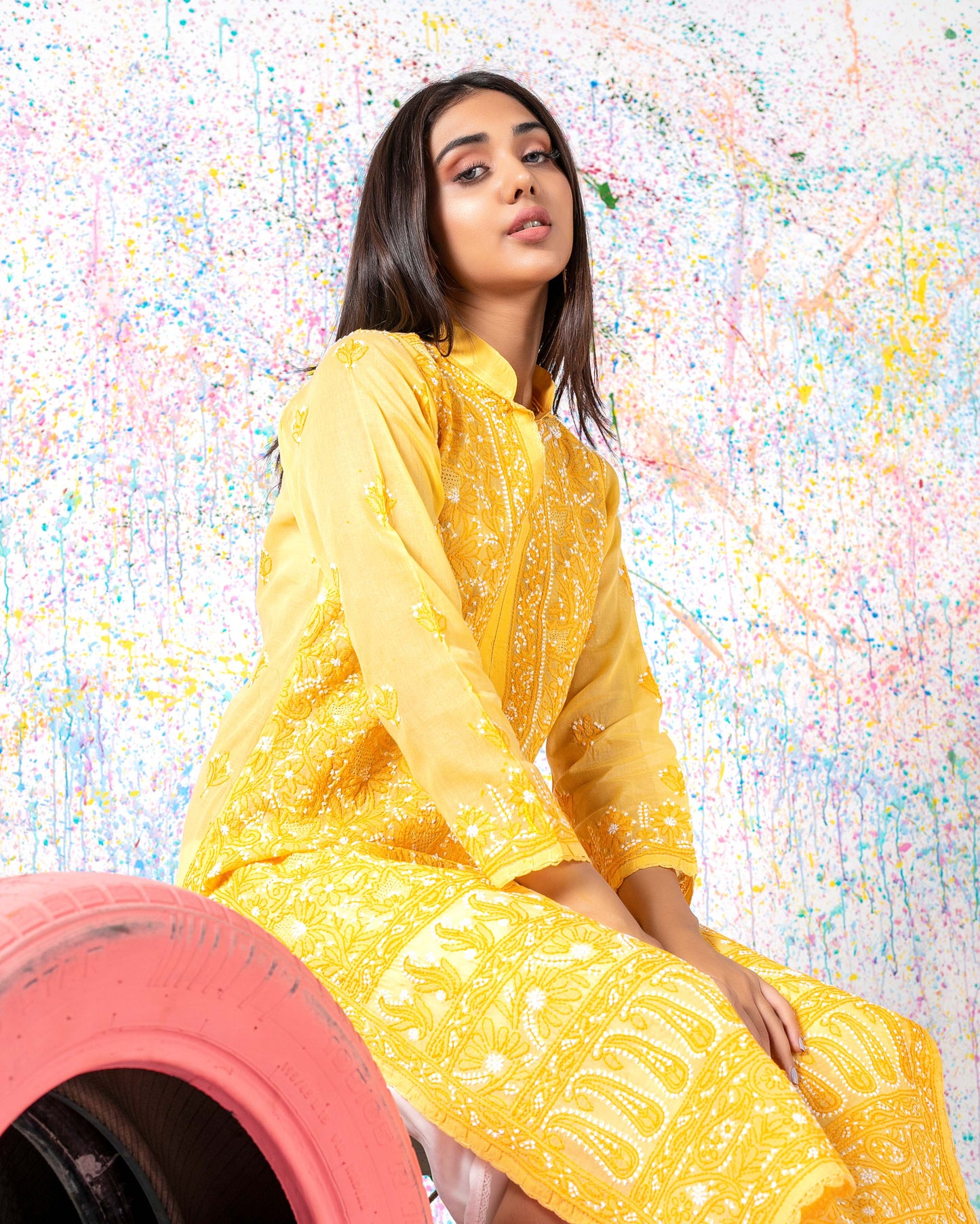 Aafrinish By Niazi Canary Yellow Chikankari Kurta Splatter Painting