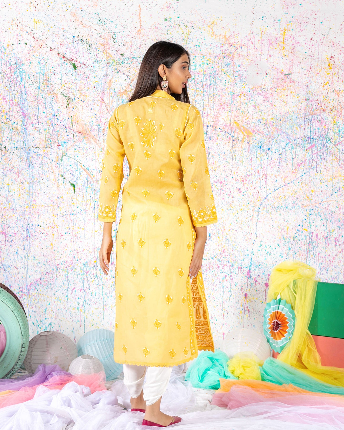 Aafrinish By Niazi Canary Yellow Chikankari Kurta Splatter Painting