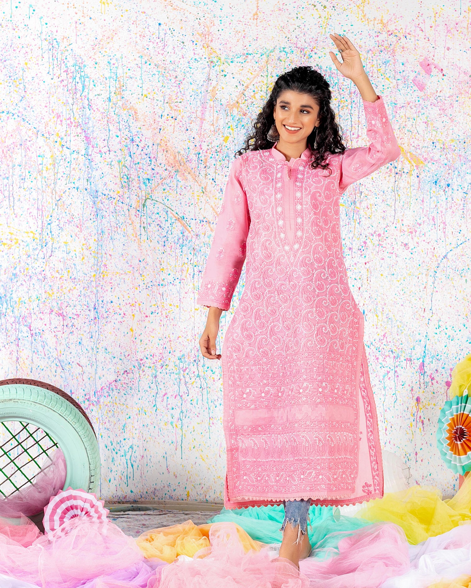 Rehma zaman bubble gum pink Chikan Kari Kurta Pink net Splatter painting smile curly hair