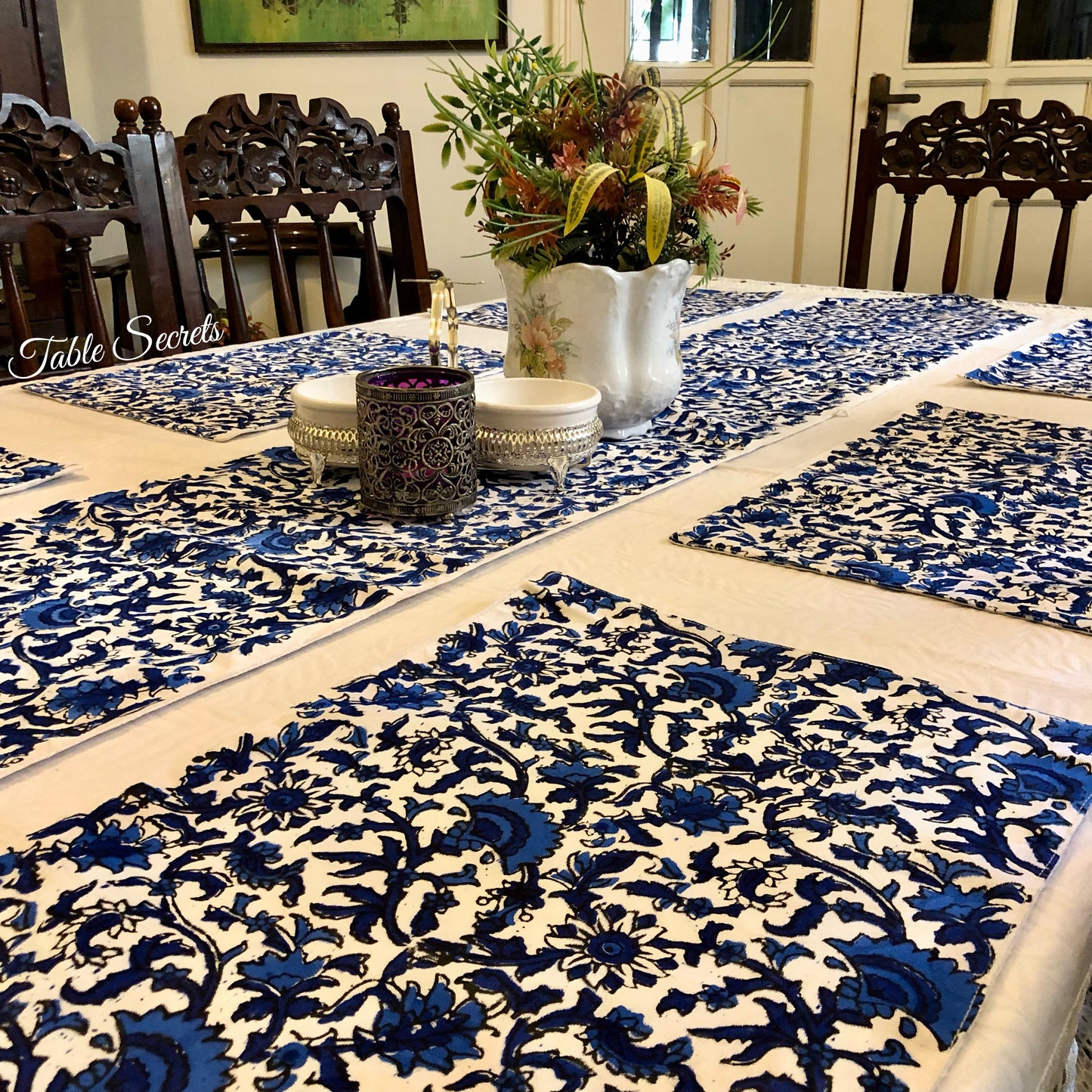 Blue Block Print Runner and Mat (Set)