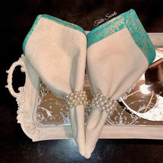 Turquoise & Off White Karandi & Jamawar Napkins (Set)