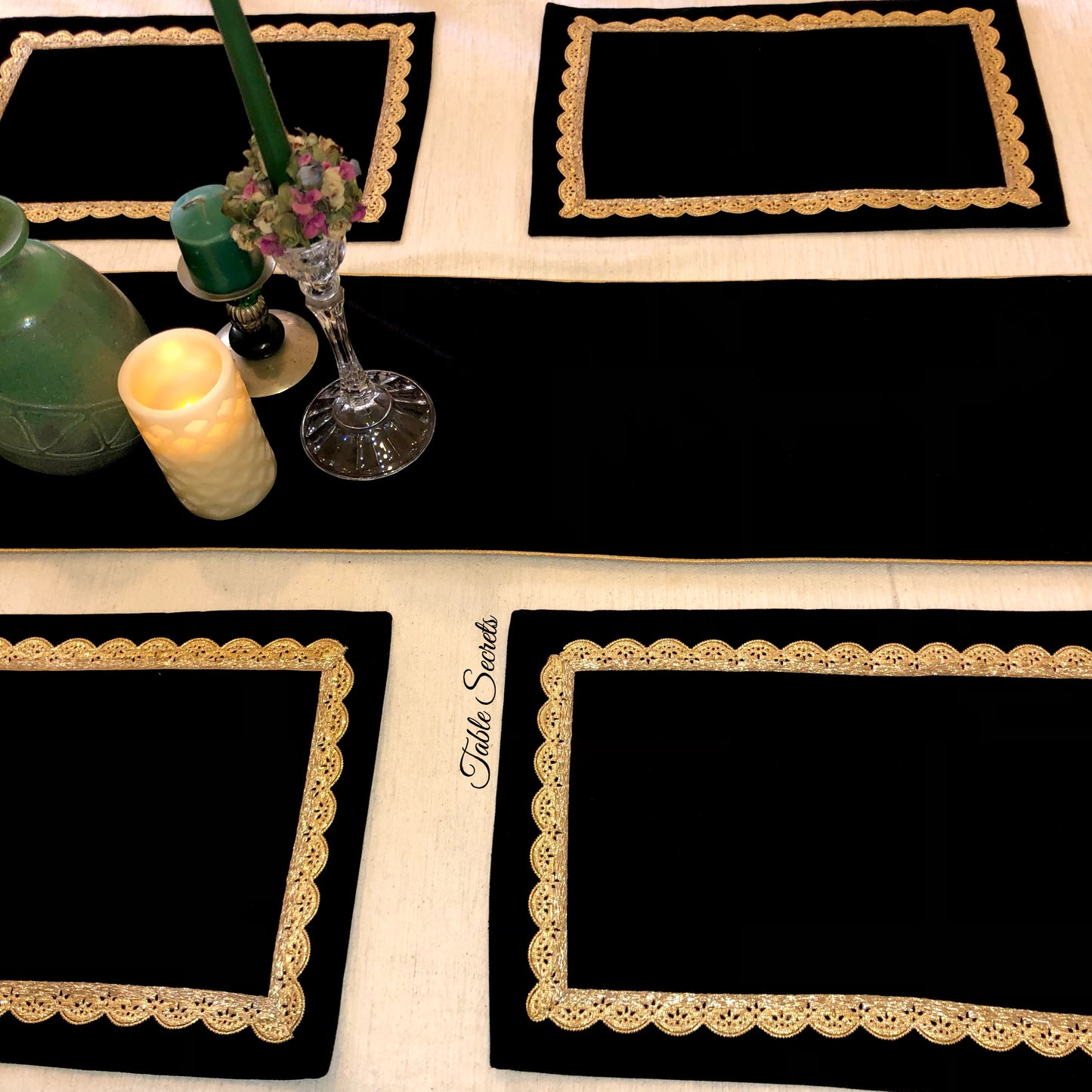 Velvet & Gold Laced Runner & Mat (Set)