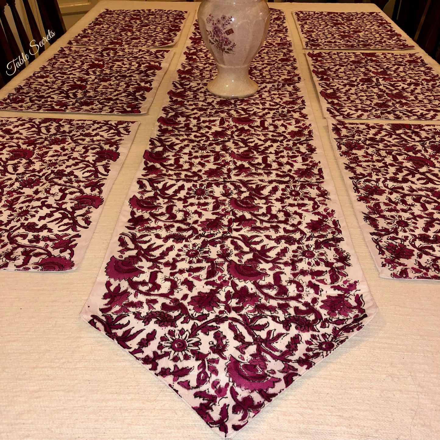 Maroon Block Print Runner and Mat (Set)