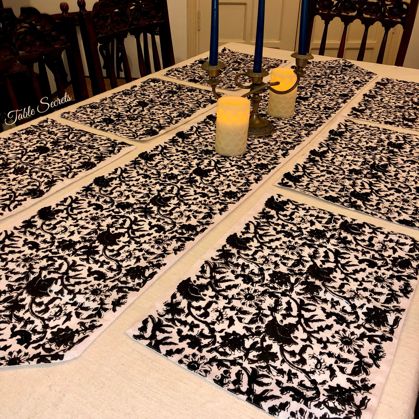 Black Block Print Runner and Mat (Set)