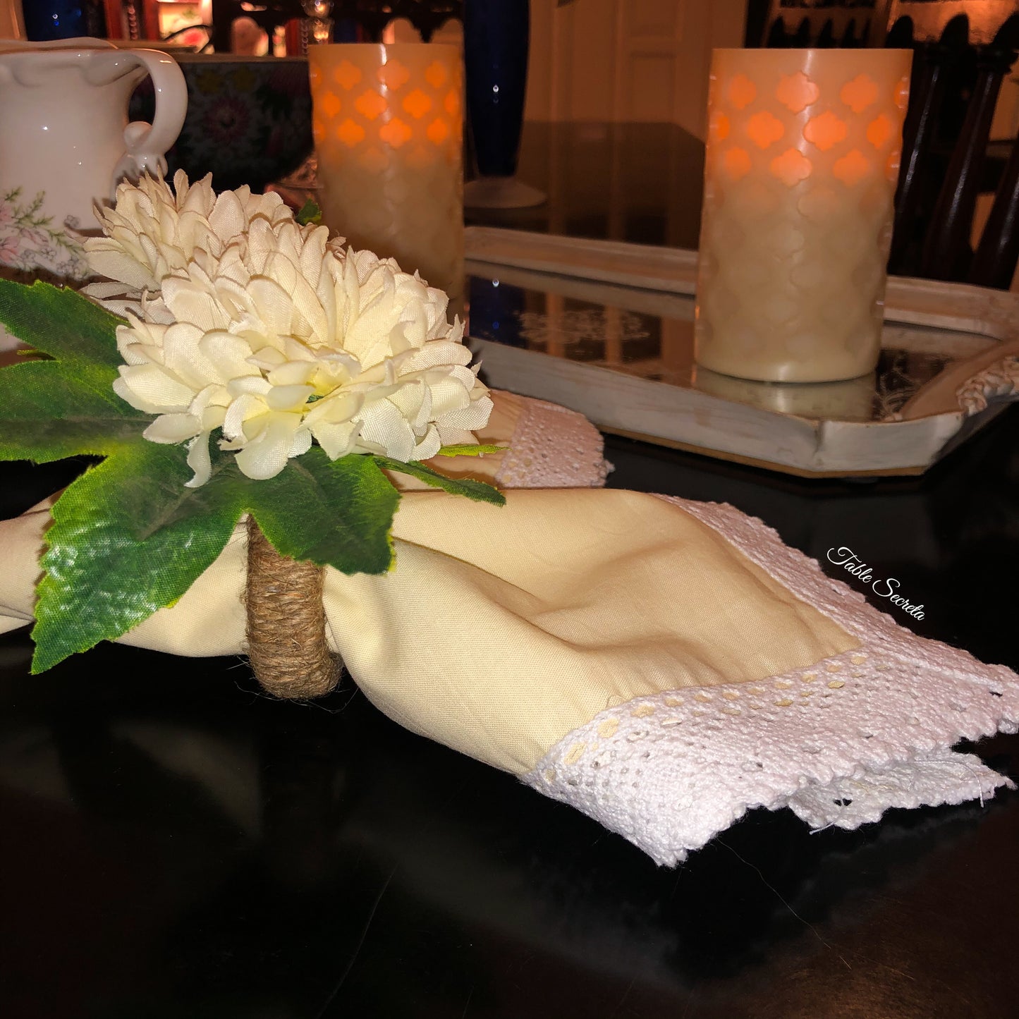 Yellow Napkins with Thick White Lace Set