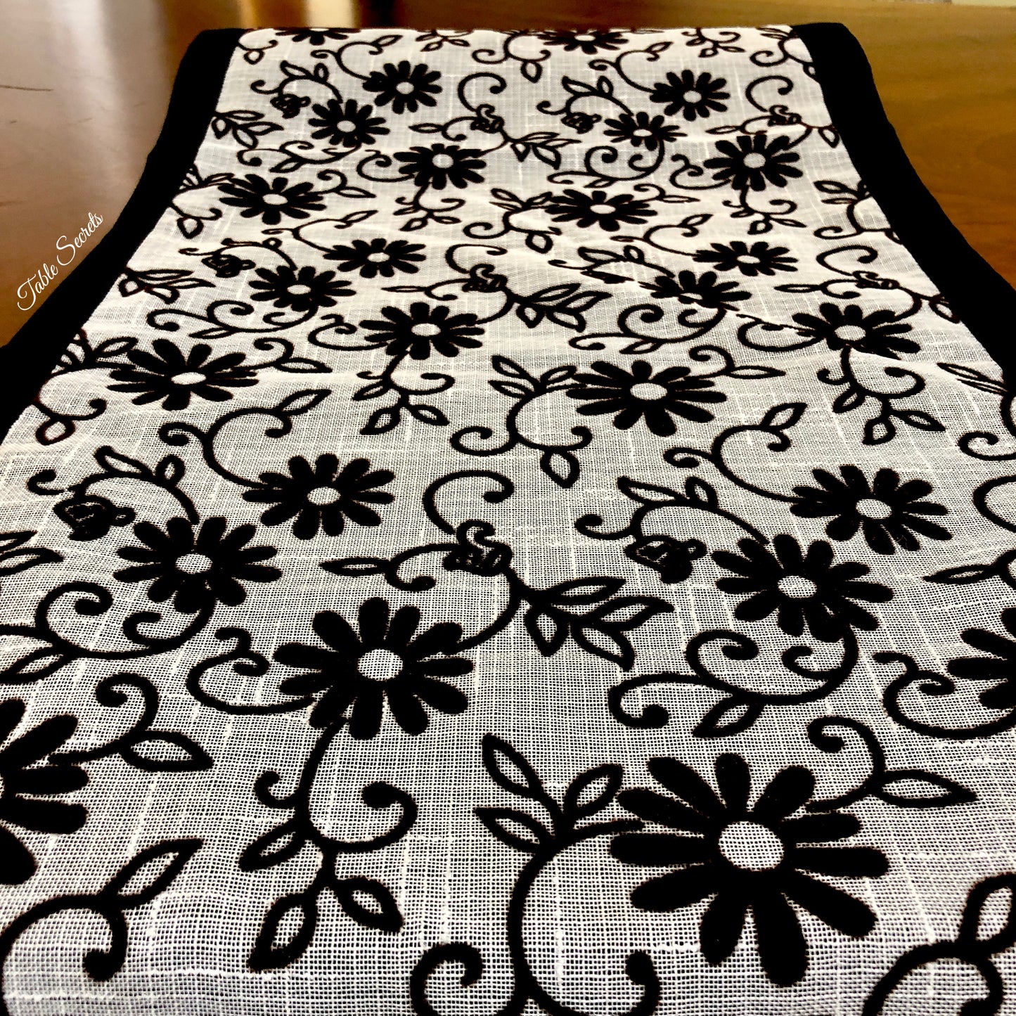 Embossed Velvet & Embroidered Black & White Runner