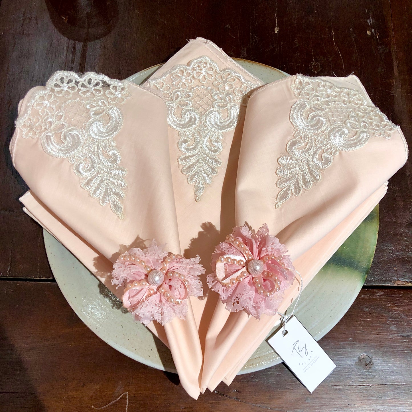 Peach Cotton Napkins with White Appliqué (Set)