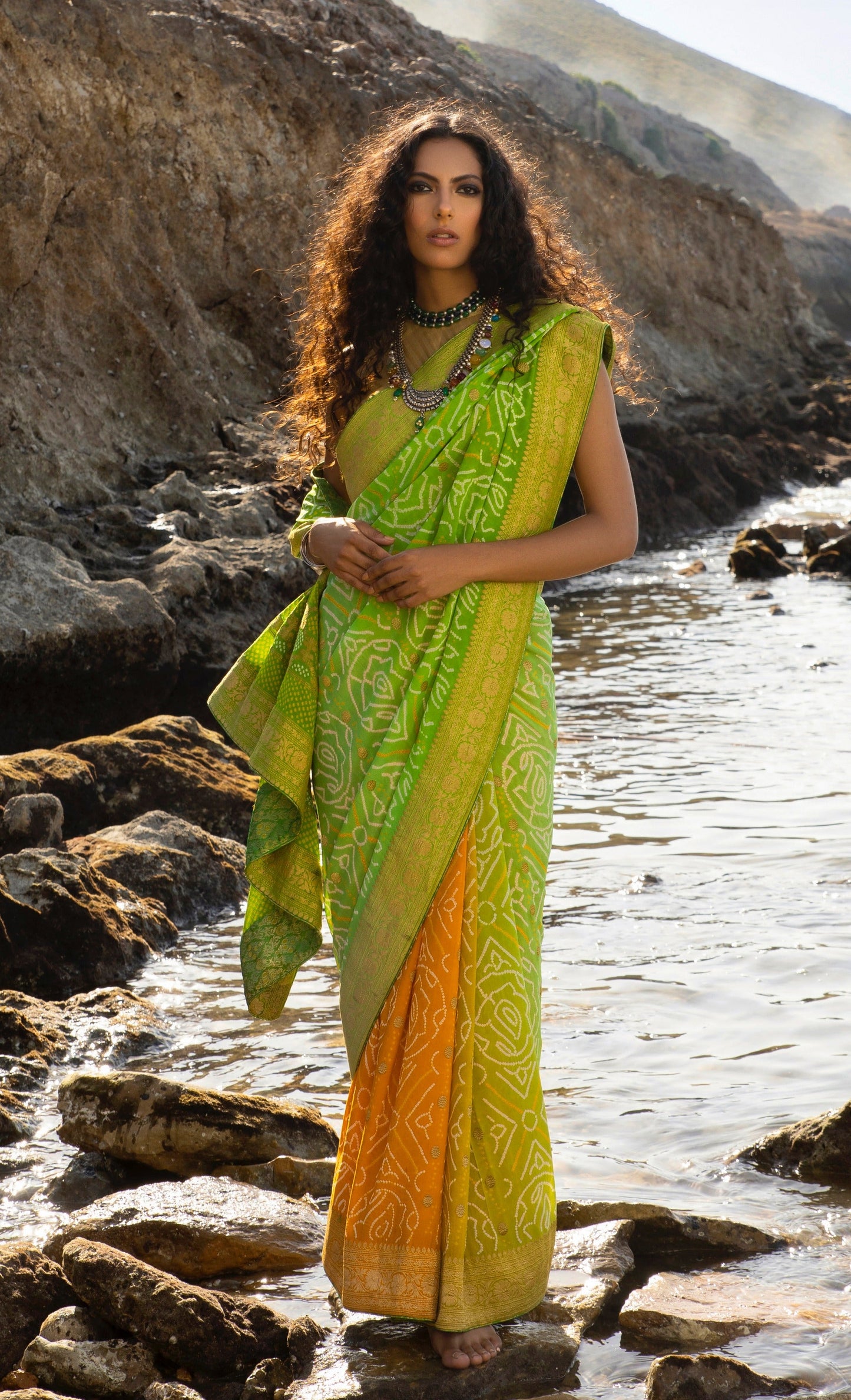 Zesty Lime Green & Saffron Saree