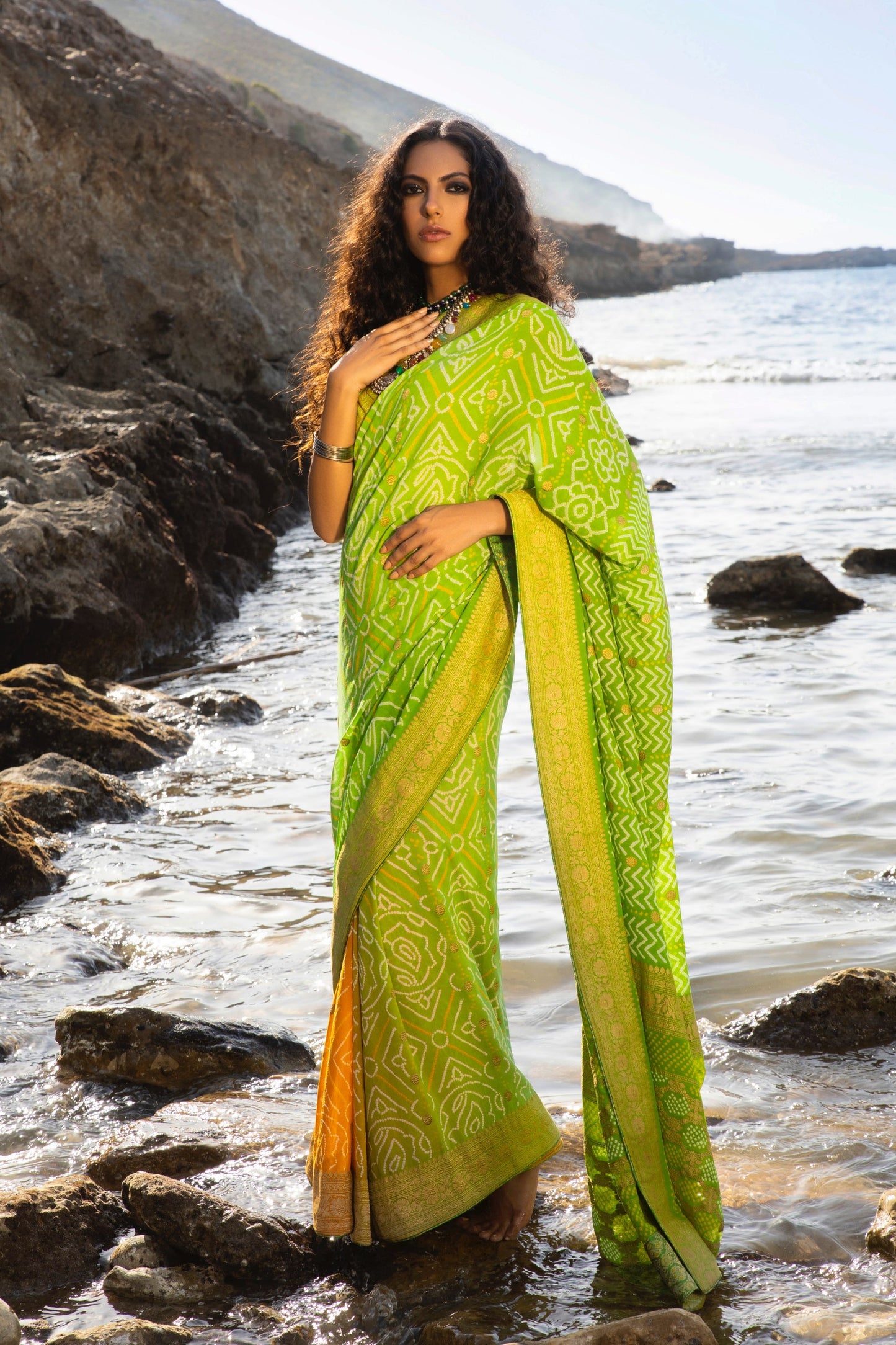 Zesty Lime Green & Saffron Saree