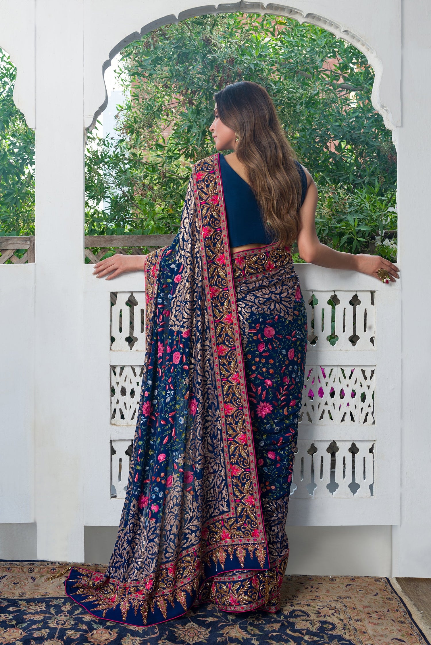 Aafrinish By Niazi Fouzia Aman Navy Blue Gold hand embroidered Kashida Kari Saree Old Havelli kashmiri hand embroidery